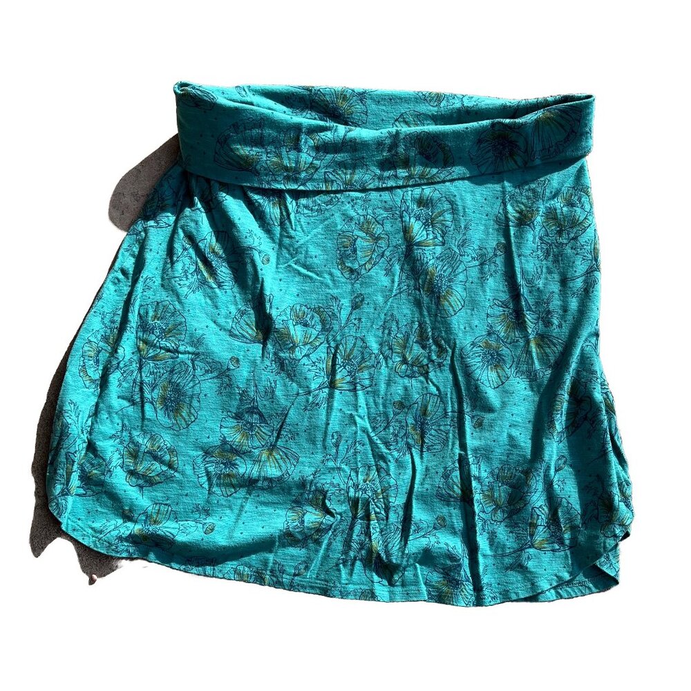 Toad & Co Organic Cotton Knit Skirt Turquoise Blue Floral Print Size Medium